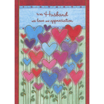 To My Husband with Love and Appreciation: Colorful Heart Shaped Flowers on Tall Stems Valentine's Day Card - Image 1