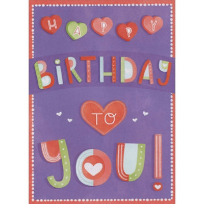 Happy Birthday to You Candy Hearts on Purple with White Dots Border Juvenile Valentine's Day Birthday Card - Image 1