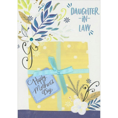 White 3D Flower with Blue Sequin, Yellow Present with Blue Ribbon and 3D Tag Hand Decorated Mother's Day Card for Daughter-in-Law - Image 1