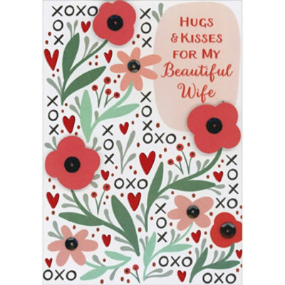 Hugs and Kisses for My Beautiful Wife: Die Cut 3D Red Flowers with Black Sequins Hand Decorated Valentine's Day Card - Image 1