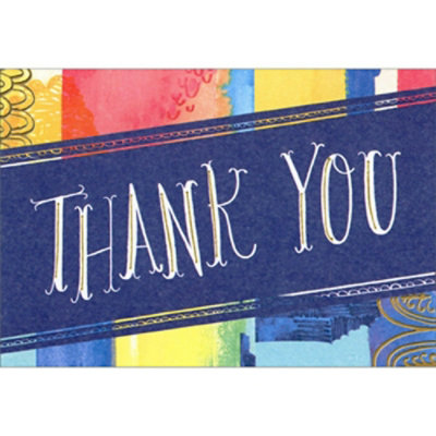 White Letters, Gold Accents on Blue Over Colorful Vertical Stripes Package of 8 Graduation Thank You Notes - Image 1