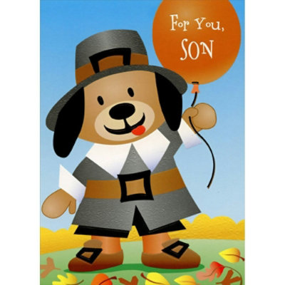 Cute Pilgrim Dog in Gray Outfit Holding Balloon Juvenile Thanksgiving Card for Son. - Image 1