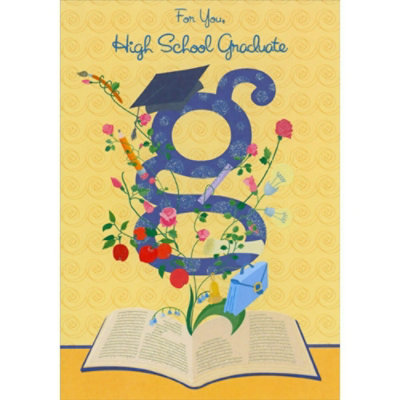 Lower Case G : Flowers : School Supplies Feminine High School Graduation Congratulations Card for Her : Woman. - Image 1