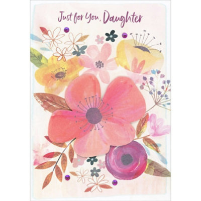 Large Pink 3D Flower, Purple Gems and Colorful Flowers on Light Pink Background Hand Decorated Mother's Day Card for Daughter. - Image 1