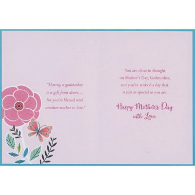Large Pink Flower and Red, Blue and Pink Butterfly with Glitter Outlines on Light Green Mother's Day Card for Godmother. - Image 2