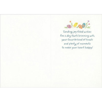 Light Brown Basket with Blue Ribbon, Chocolate Bunny, Eggs, Jelly Beans and Chicks Easter Card. - Image 2