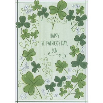 Shamrocks, Swirls and Small White Flowers St. Patrick's Day Card for Son. - Image 1