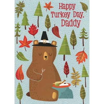 Pilgrim Bear Eating Thanksgiving Feast Juvenile Thanksgiving Card for Daddy. - Image 1