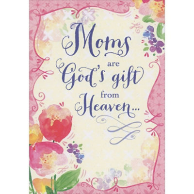 Moms Are God's Gift from Heaven: Flowers and Pink Border Religious Mother's Day Card for Mom. - Image 1