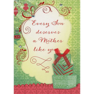 Every Son Deserves a Mother Like You: 3D Stack of Presents with Red Bow Hand Decorated Christmas Card for Mother from Son. - Image 1