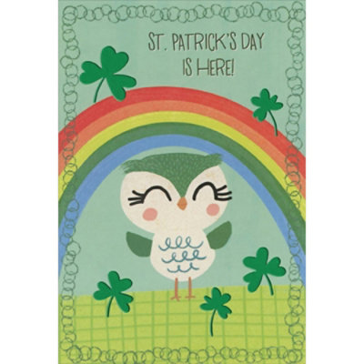 Cute Green and White Bird, Rainbow and Green Foil Shamrocks Package of 8 Juvenile St. Patrick's Day Cards for Kids. - Image 1