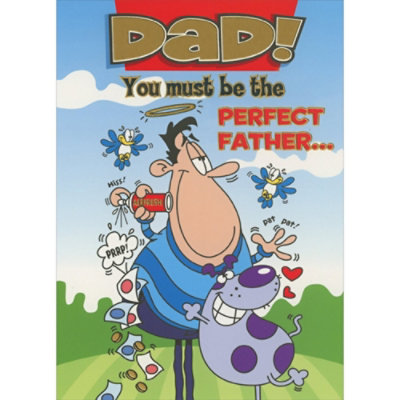You Must Be the Perfect Father: Man with Purple Spotted Dog Funny Father's Day Card for Dad. - Image 1
