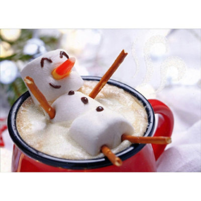 Marshmallow Snowman with Pretzel Arms Floating in Hot Cocoa Box of 12 Funny Christmas Cards - Image 1