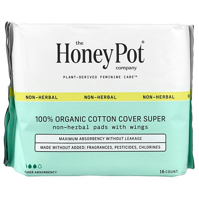 The Honey Pot Company Organic NonHerbal Pads with Wings, Super, 16 Count - Image 1