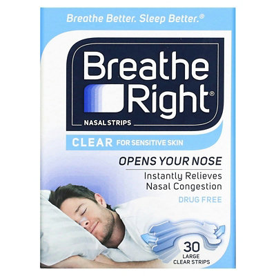 Breathe Right Nasal Strips, Clear For Sensitive Skin, Large, 30 Clear Strips - Image 1