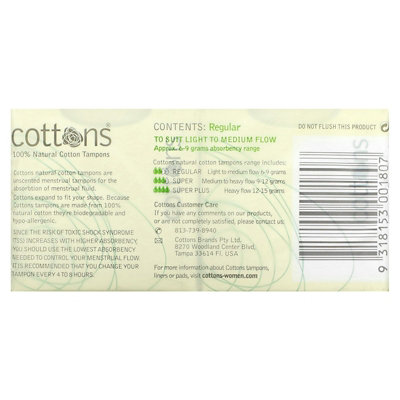 Cottons 100 Natural Cotton Tampons, Regular, Unscented, 16 Tampons - Image 2