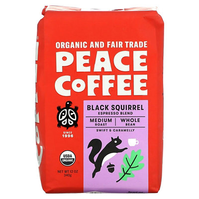 Peace Coffee Organic Black Squirrel Expresso Blend, Medium Roast, Whole Bean, 12 oz (340 g) - Image 1