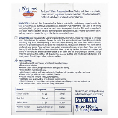 Purilens Plus PreservativeFree Saline, 3 Bottles, 4 fl oz (120 ml) Each - Image 3
