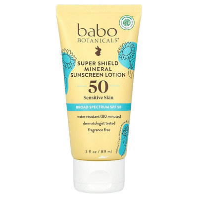 Babo Botanicals Super Shield Mineral Sunscreen Lotion, SPF 50, Fragrance Free, 3 fl oz (89 ml) - Image 1