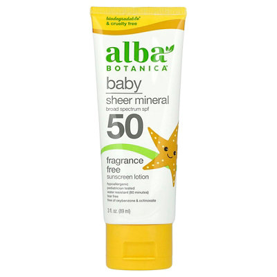 Alba Botanica Baby, Sheer Mineral Sunscreen Lotion, SPF 50, Fragrance Free, 3 fl oz (89 ml) - Image 1