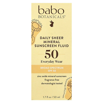 Babo Botanicals Daily Sheer Mineral Sunscreen Fluid, SPF 50, Fragrance Free, 1.7 fl oz (50 ml) - Image 2