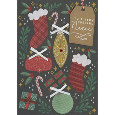 Die Cut 3D Tag, Red and White String, White Bows, Stockings, Gifts and Ornaments Hand Decorated Christmas Card for Niece - Image 1