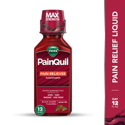 Vicks Painquil Pain Reliever, Pain Relief Liquid, 1000mg Acetaminophen, Black Cherry Flavored, - 12 FZ - Image 1