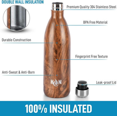 Hydration Nation Stainless Steel Water Bottle Double Wall Insulated - Wood Grain 34oz - Image 2