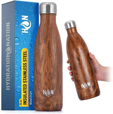 Hydration Nation Stainless Steel Water Bottle Double Wall Insulated - Wood Grain 34oz - Image 1
