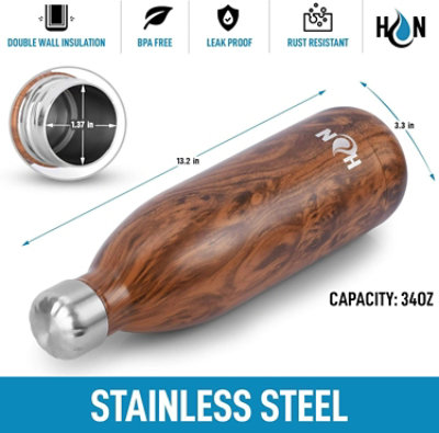 Hydration Nation Stainless Steel Water Bottle Double Wall Insulated - Wood Grain 34oz - Image 3