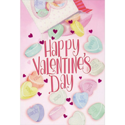 Candy Hearts and Pink Foil Hearts Falling from Box Valentine's Day Card - Image 1