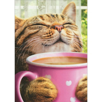 Brown Cat Holding Pink Mug and Smelling Coffee Aroma Mother's Day Card - Image 1