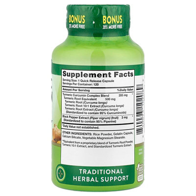 Natures Truth Turmeric Curcumin Complex Plus Black Pepper Extract, 120 Quick Release Capsules - Image 2