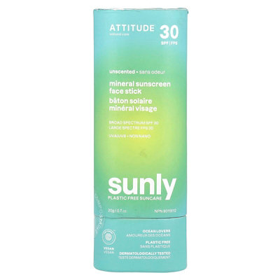 ATTITUDE Sunly, Mineral Sunscreen Face Stick, SPF 30, Unscented, 0.7 oz (20 g) - Image 1