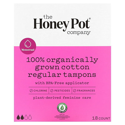 The Honey Pot Company 100 Organically Grown Cotton Tampons, Regular, 18 Count - Image 1