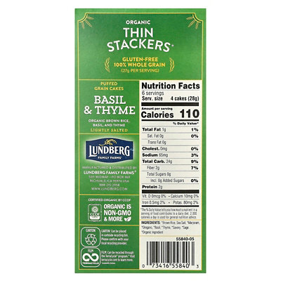 Lundberg Organic Thin Stackers, Puffed Grain Cakes, Basil  Thyme, Lightly Salted, 24 Rice Cakes, 6 oz (168 g) - Image 2
