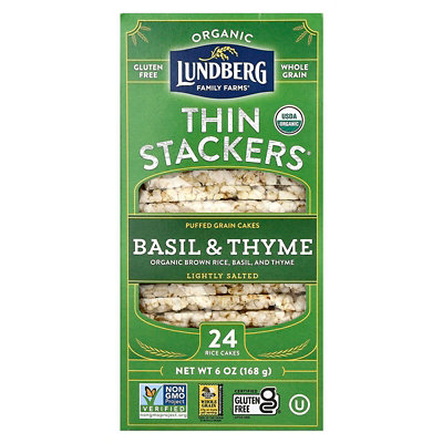 Lundberg Organic Thin Stackers, Puffed Grain Cakes, Basil  Thyme, Lightly Salted, 24 Rice Cakes, 6 oz (168 g) - Image 1