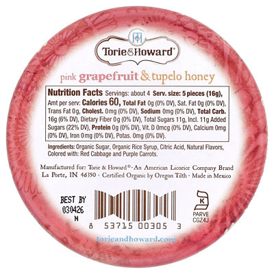 Torie  Howard Organic Hard Candy, Pink Grapefruit  Tupelo Honey, 2 oz (57 g) - Image 2