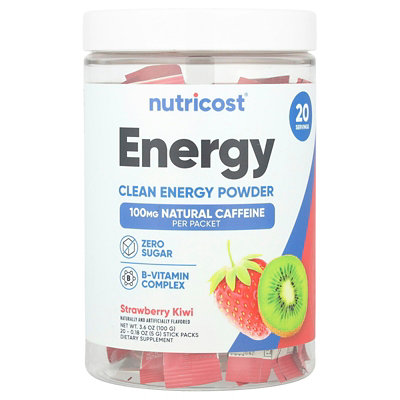 Nutricost Energy, Clean Energy Powder, Strawberry Kiwi , 20 Stick Packs, 0.18 oz (5 g) Each - Image 1