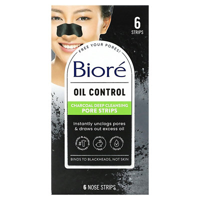 Biore Deep Cleansing Pore Strips, Charcoal, 6 Nose Strips - Image 1