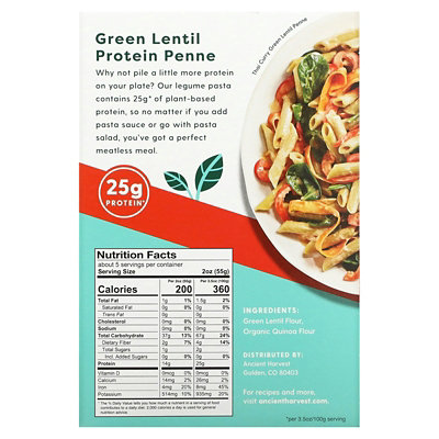 Ancient Harvest PlantBased Protein Pasta, Green Lentil  Quinoa Penne, 9.6 oz (272 g) - Image 2