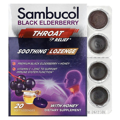 Sambucol Black Elderberry, Throat Relief, Soothing Lozenge With Honey, 20 Soft Lozenges - Image 1