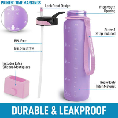 Zulay Kitchen 32oz Water Bottle With Time Marker Leak Proof Water Bottle with Straw, Purple - Image 2