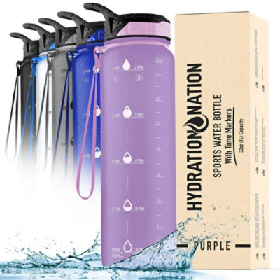 Zulay Kitchen 32oz Water Bottle With Time Marker Leak Proof Water Bottle with Straw, Purple - Image 1
