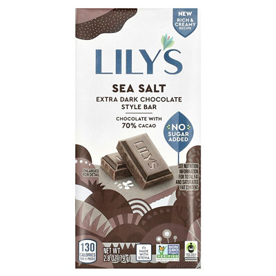 Lilys Sweets Extra Dark Chocolate Style Bar, Sea Salt, 70 Cacao, 2.8 oz (79 g) - Image 1