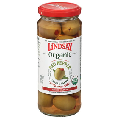 Lindsay Organic Greek Green Olives Stuffed With Red Pepper - 6 OZ - Image 2