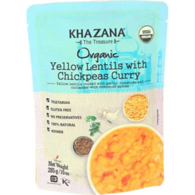 Khazana Organic Ready to Eat Meals Yellow Lentils with Chickpeas Curry (Pack of 6, 10oz Pouches) - Authentic Indian Cuisine in 90 Seconds! - Image 1