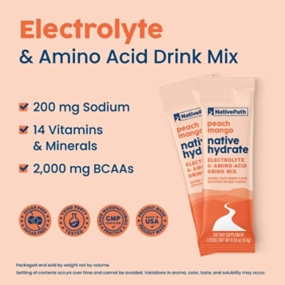 NativePath Native Hydrate Stick Packs with Electrolytes and Amino Acids, Peach Mango, 30 Serv - Image 4