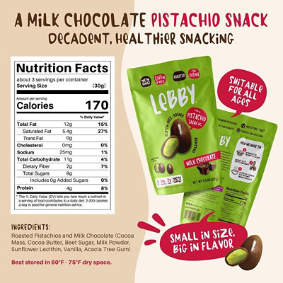 Lebby Snacks Milk Chocolate Covered Pistachios 3.1 oz (Pack of 6) - Image 2