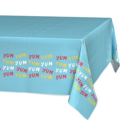 American Greetings Blue with Colorful 'Yum' Plastic Table Cover - Each - Image 1